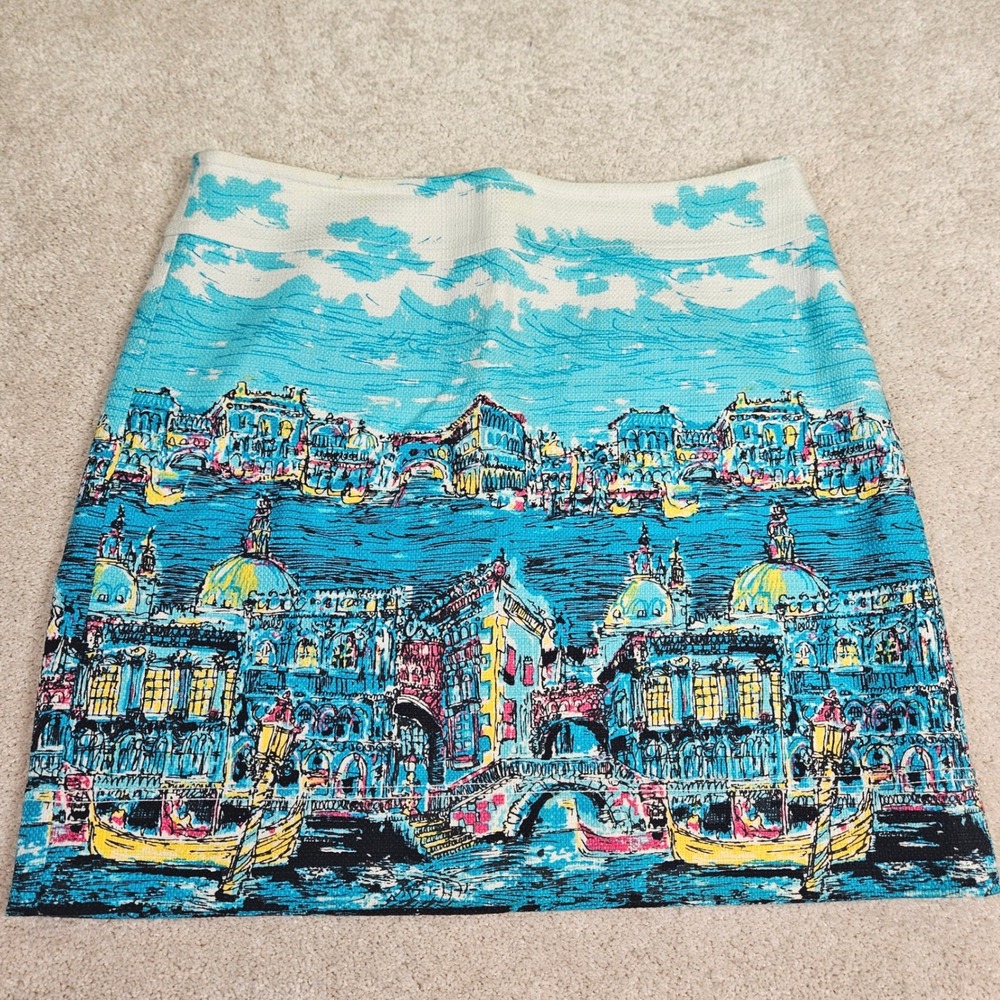 Talbots Venice Gondola Scenic Print Skirt Sz 12 Blue‎ Cotton A-Line Travel Italy